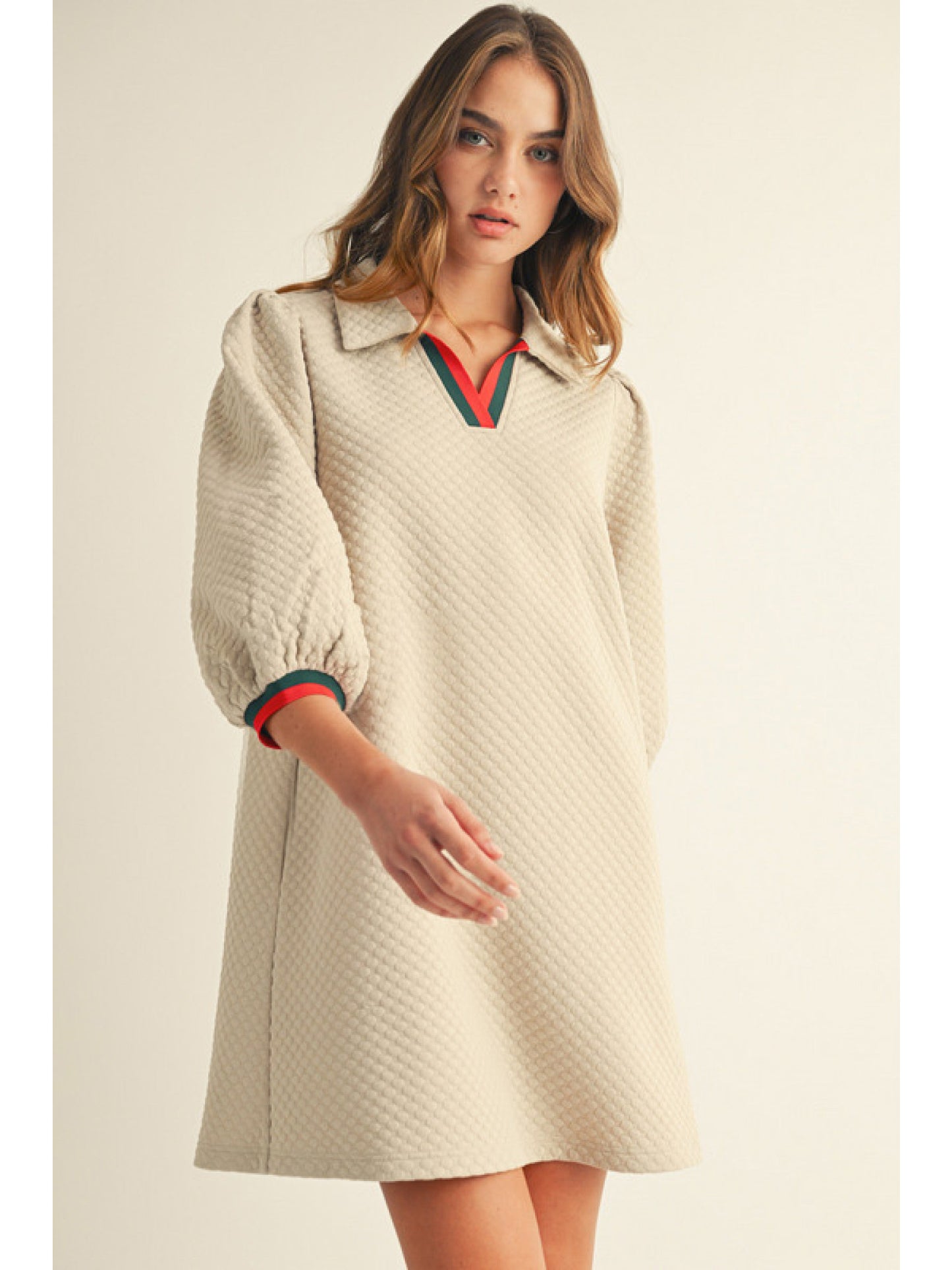 Jodifl 3/4 Puff Sleeve Quilted Dress with Stripes
