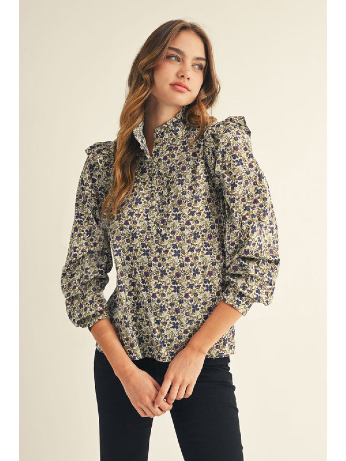 Jodifl LS Floral Top with Ruffle Neckline