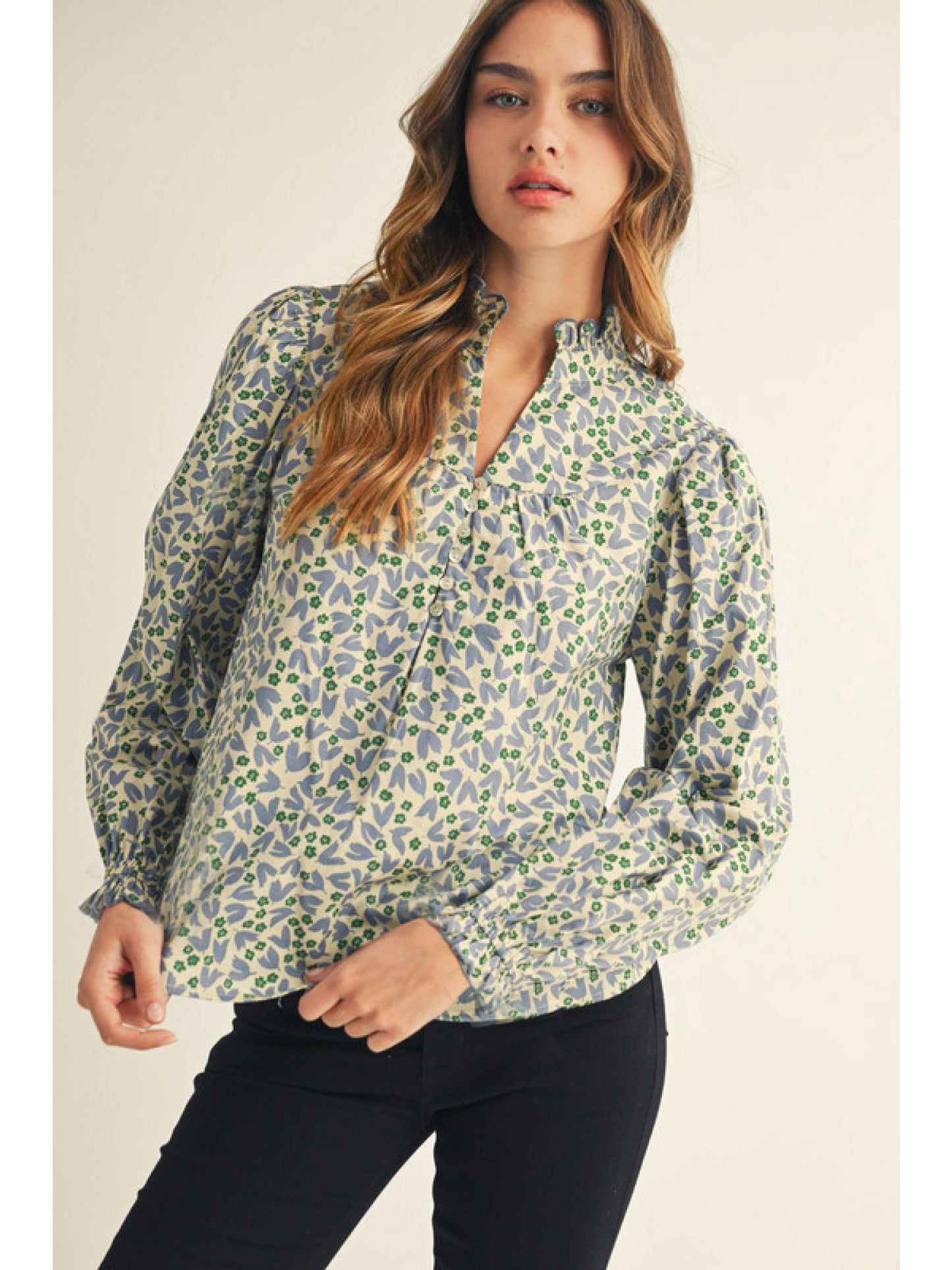 Jodifl Long Sleeve Floral Top with Ruffle Cuff