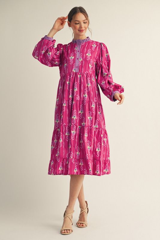 Jodifl Long Sleeve Floral Midi Dress with Ruffles