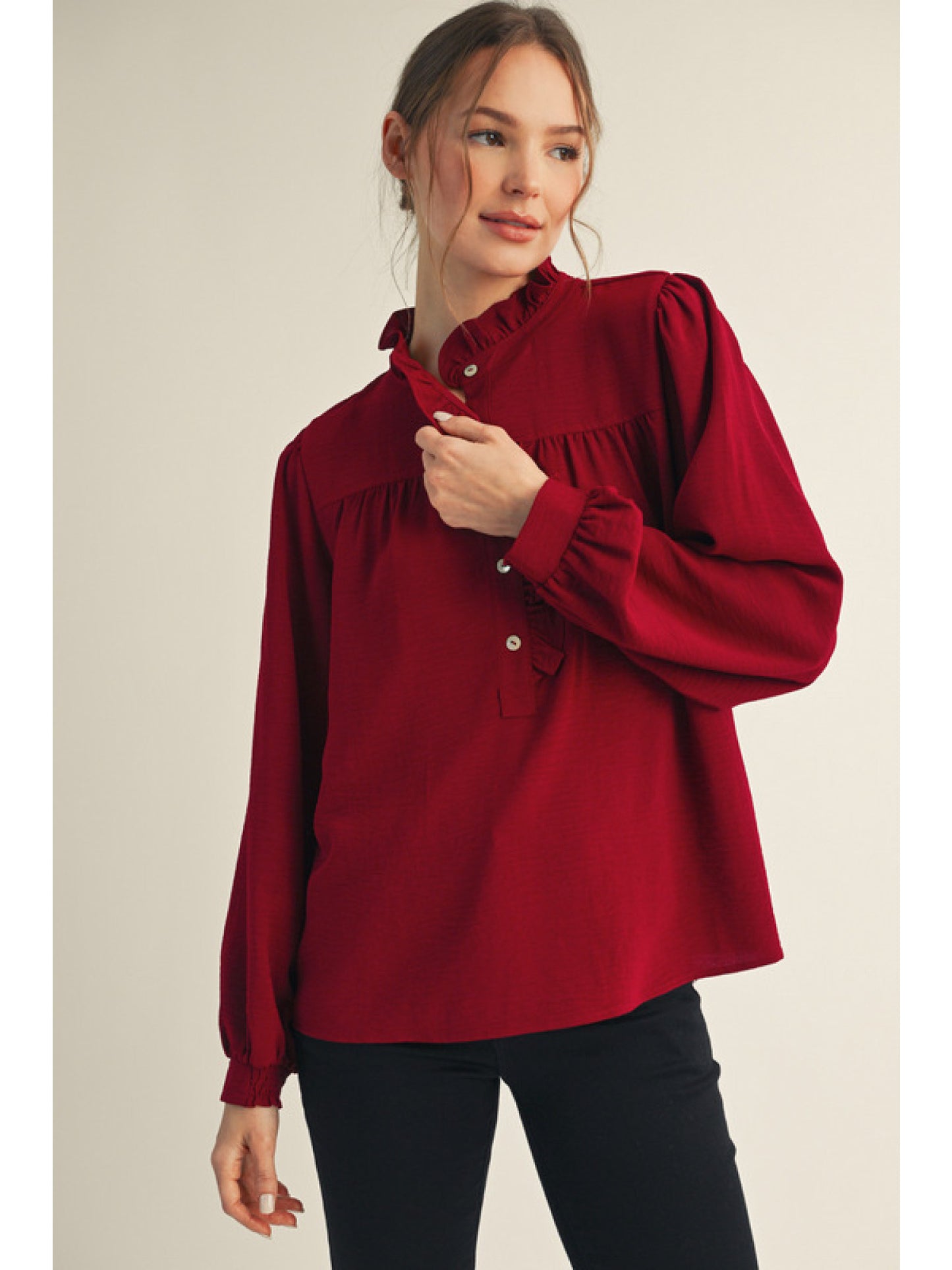 Jodifl Long Sleeve Ruffle Mock Neck Top
