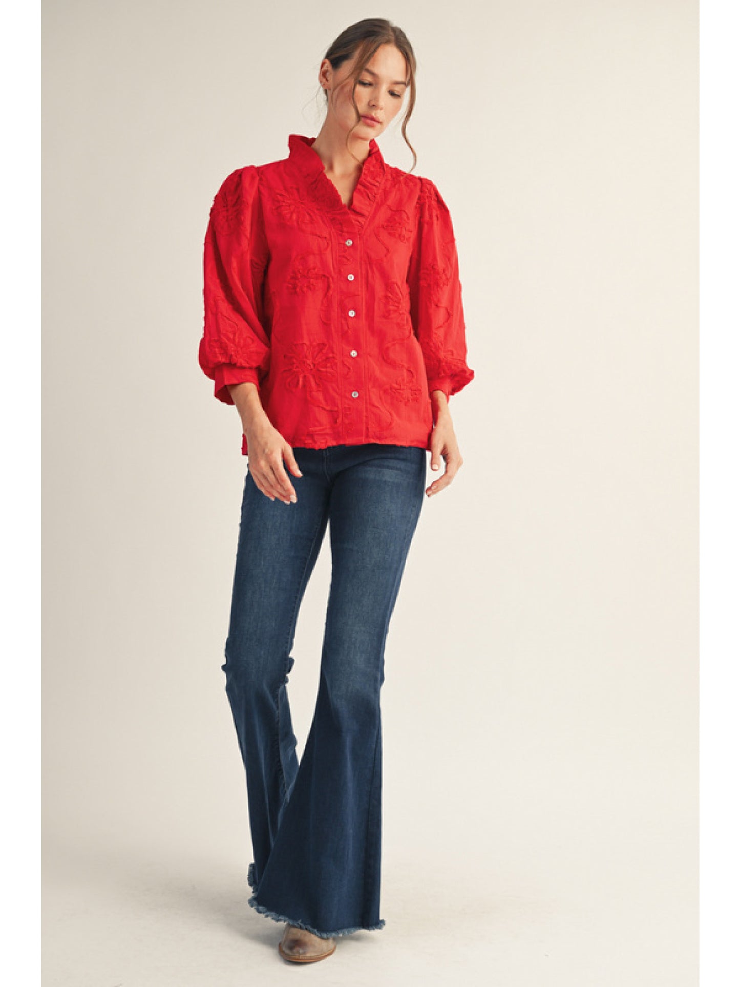 Jodifl 3/4 Sleeve Top with Puffed Flowers