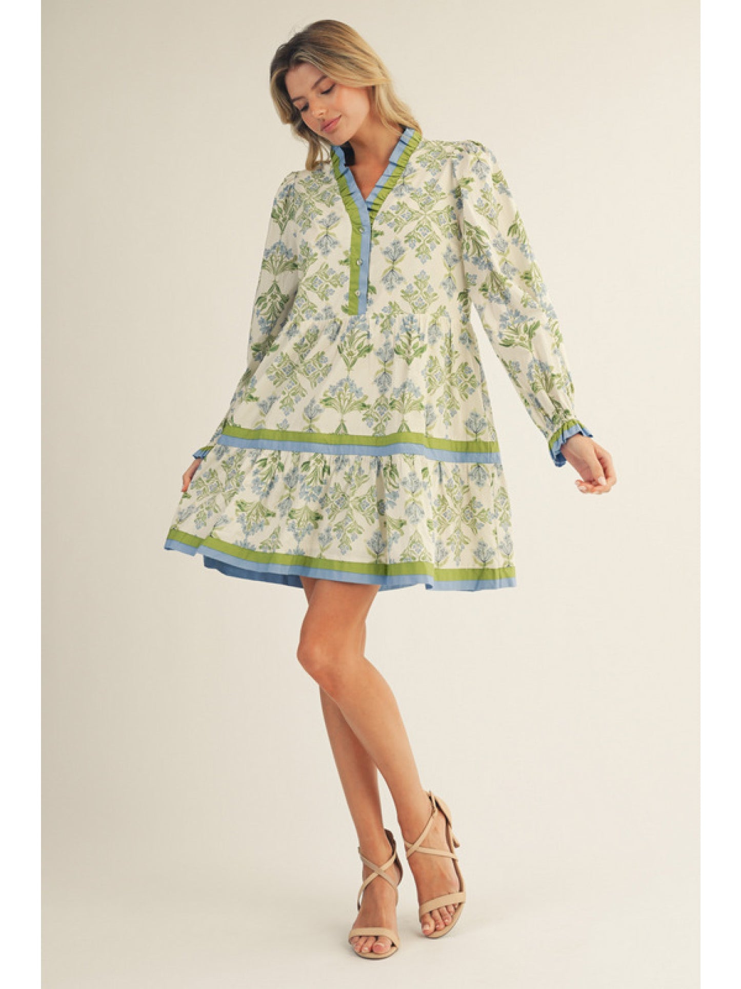 Jodifl Long Sleeve Button Floral Tiered Dress