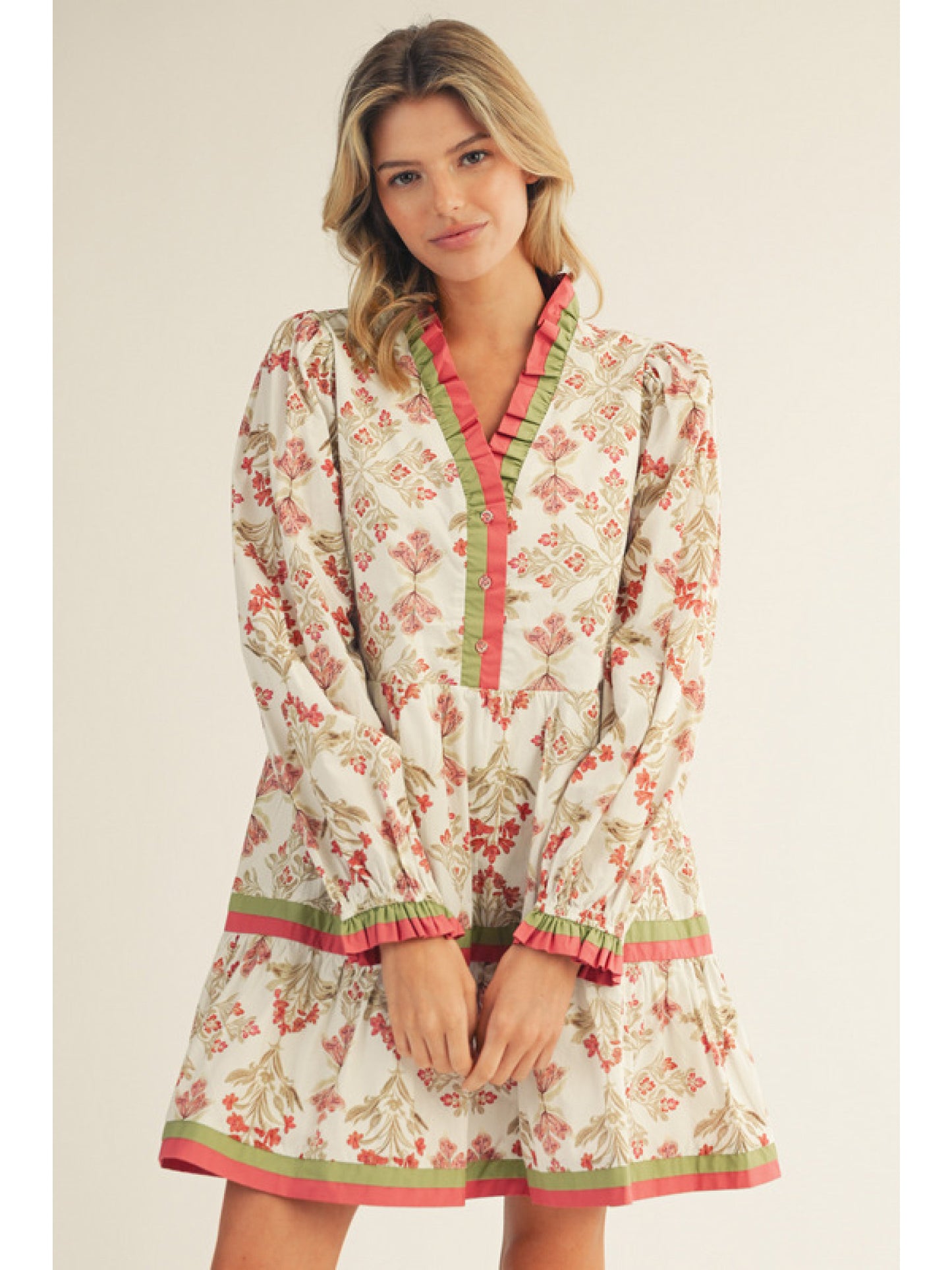 Jodifl Long Sleeve Button Floral Tiered Dress