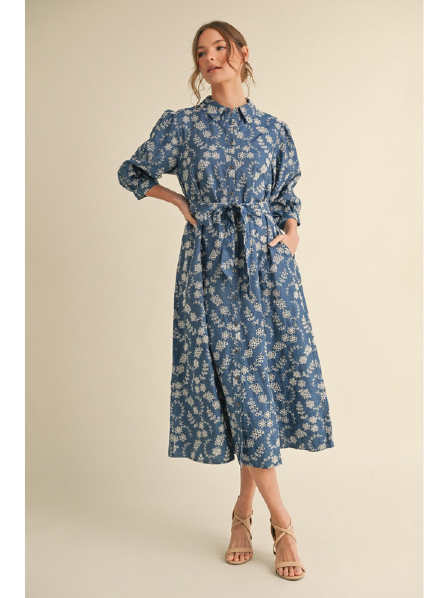 Jodifl Denim Midi Dress with Embroidery Detail
