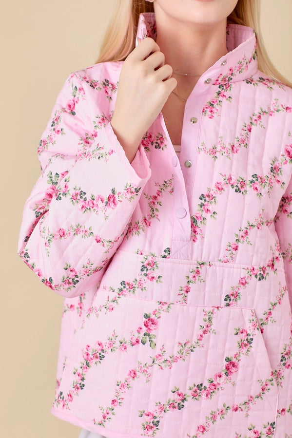 Main Strip Half Snap Button Quilted Jacket with Floral Print