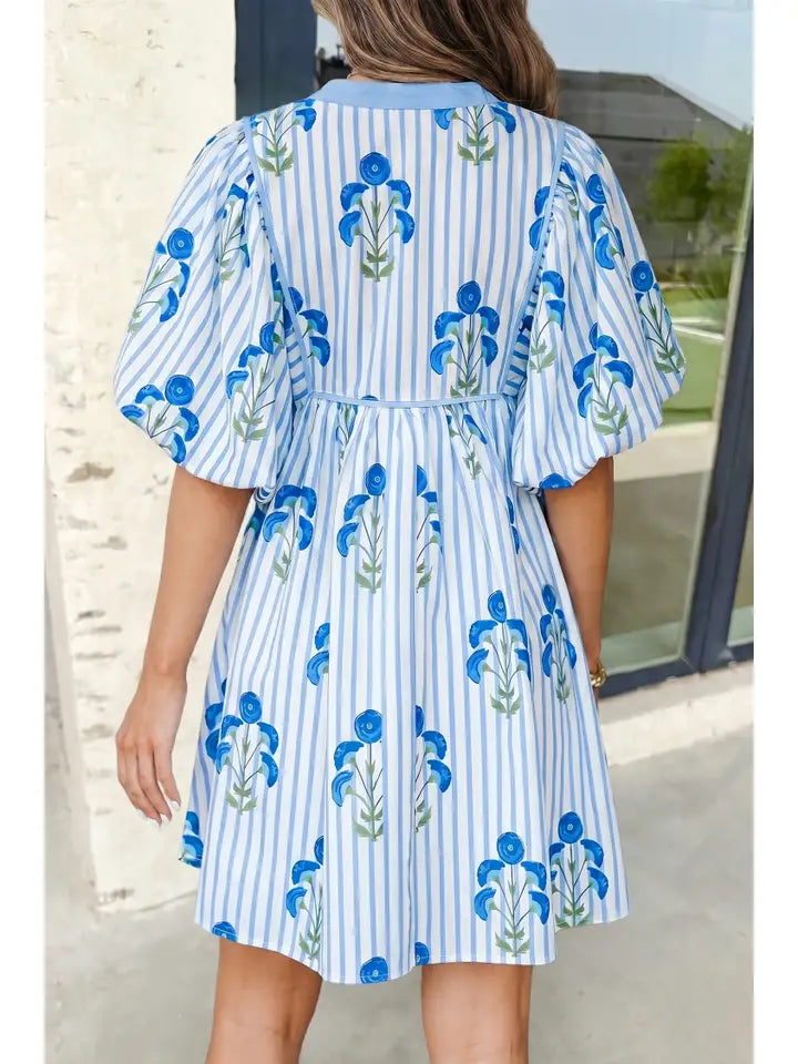 Aapparella Floral Stripe Puff Sleeve Mini Dress