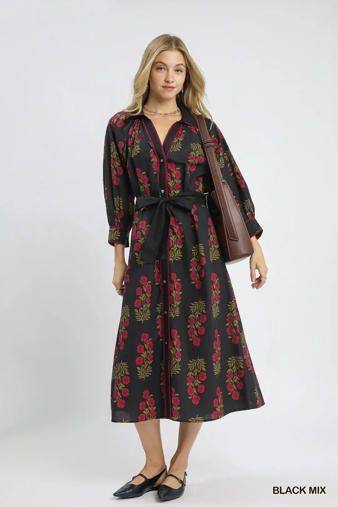 Umgee Floral Button-Front Maxi Dress with Waist Tie