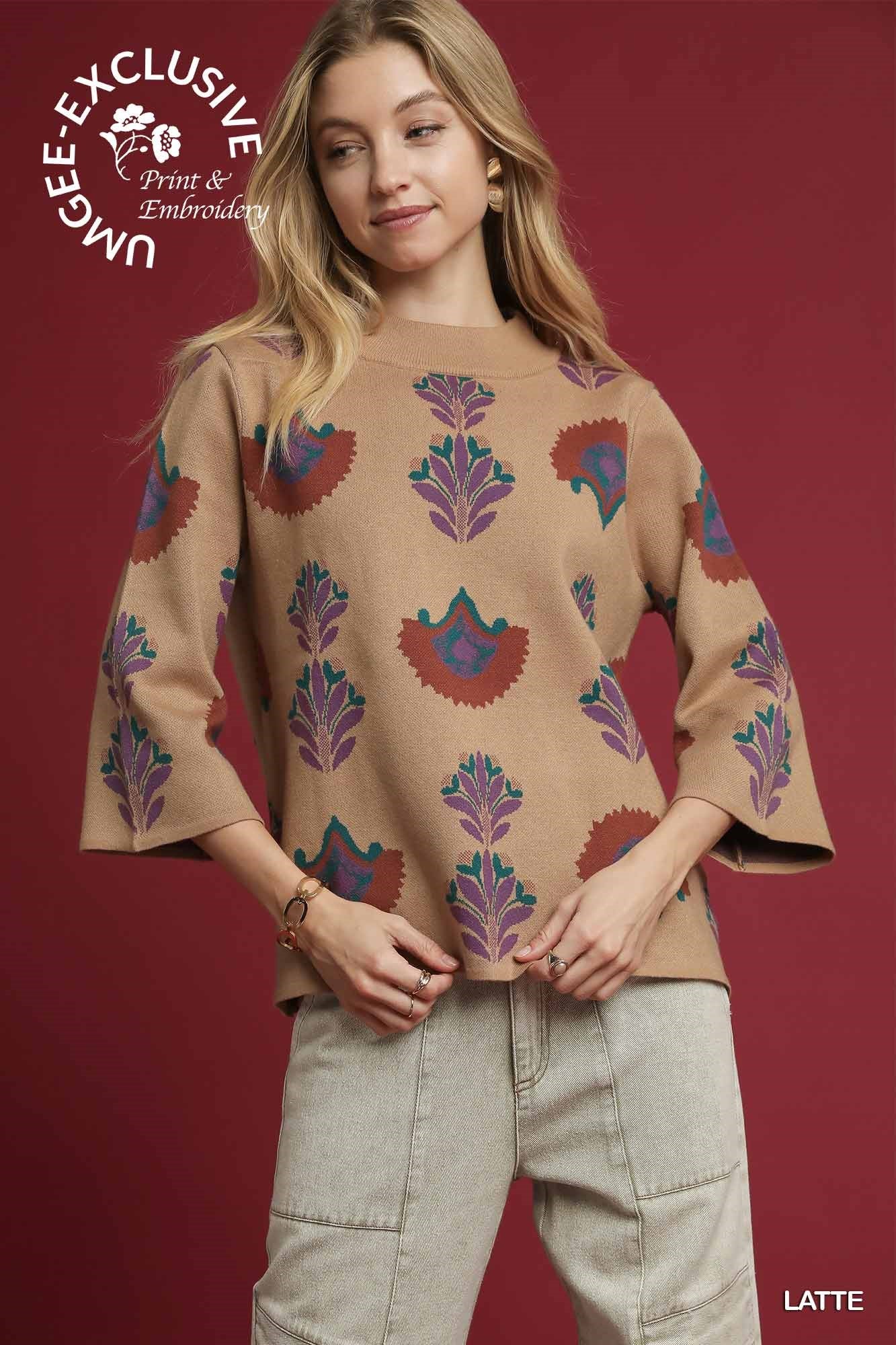 Umgee Floral Knit Crewneck Sweater