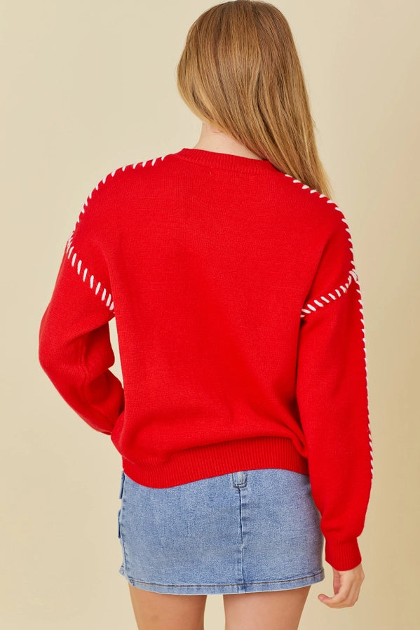 Main Strip Sweater Knit Top with Ribbon and Stitching Detail
