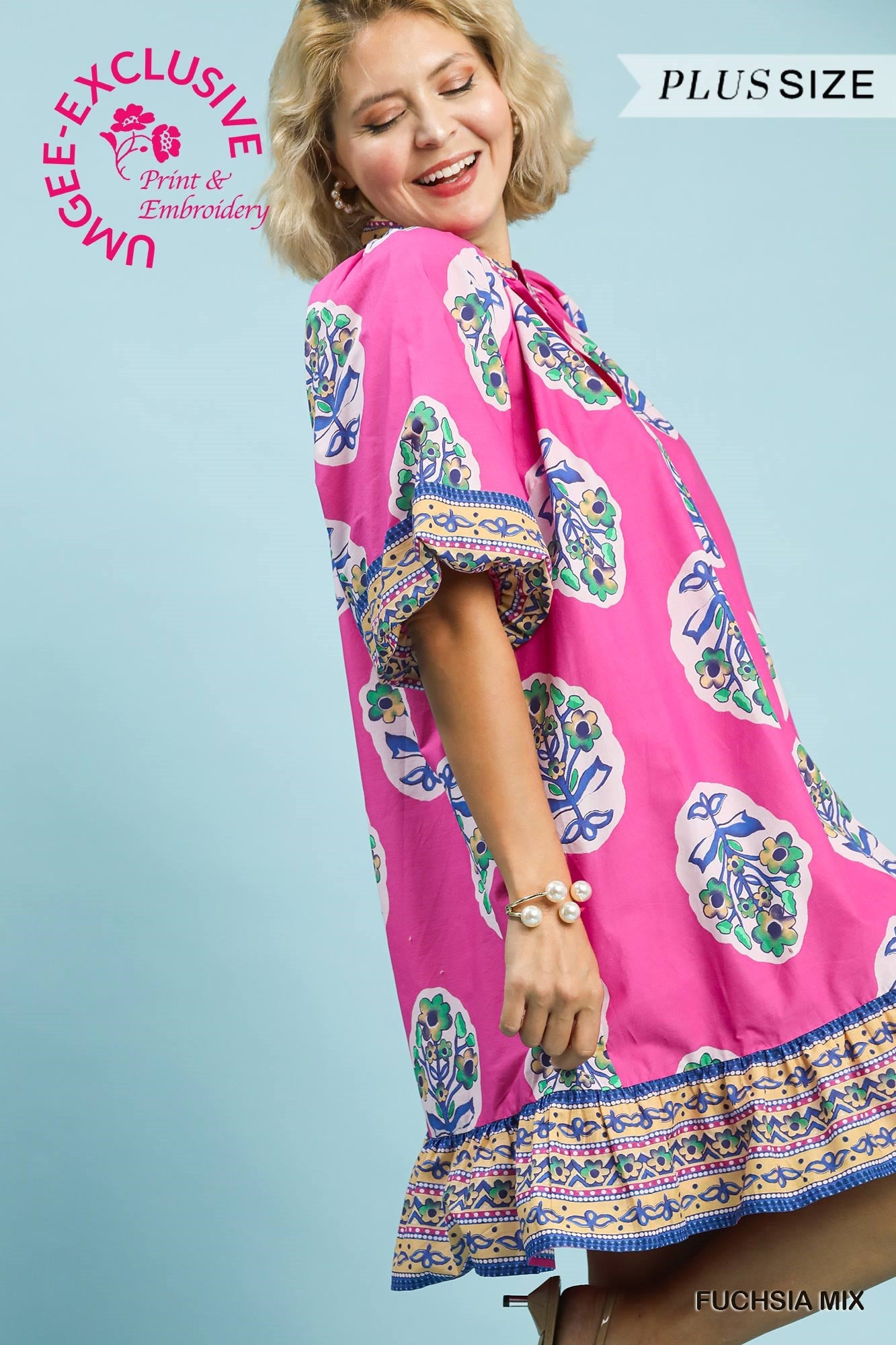 Umgee Plus Flower V-Neck Printed Dress