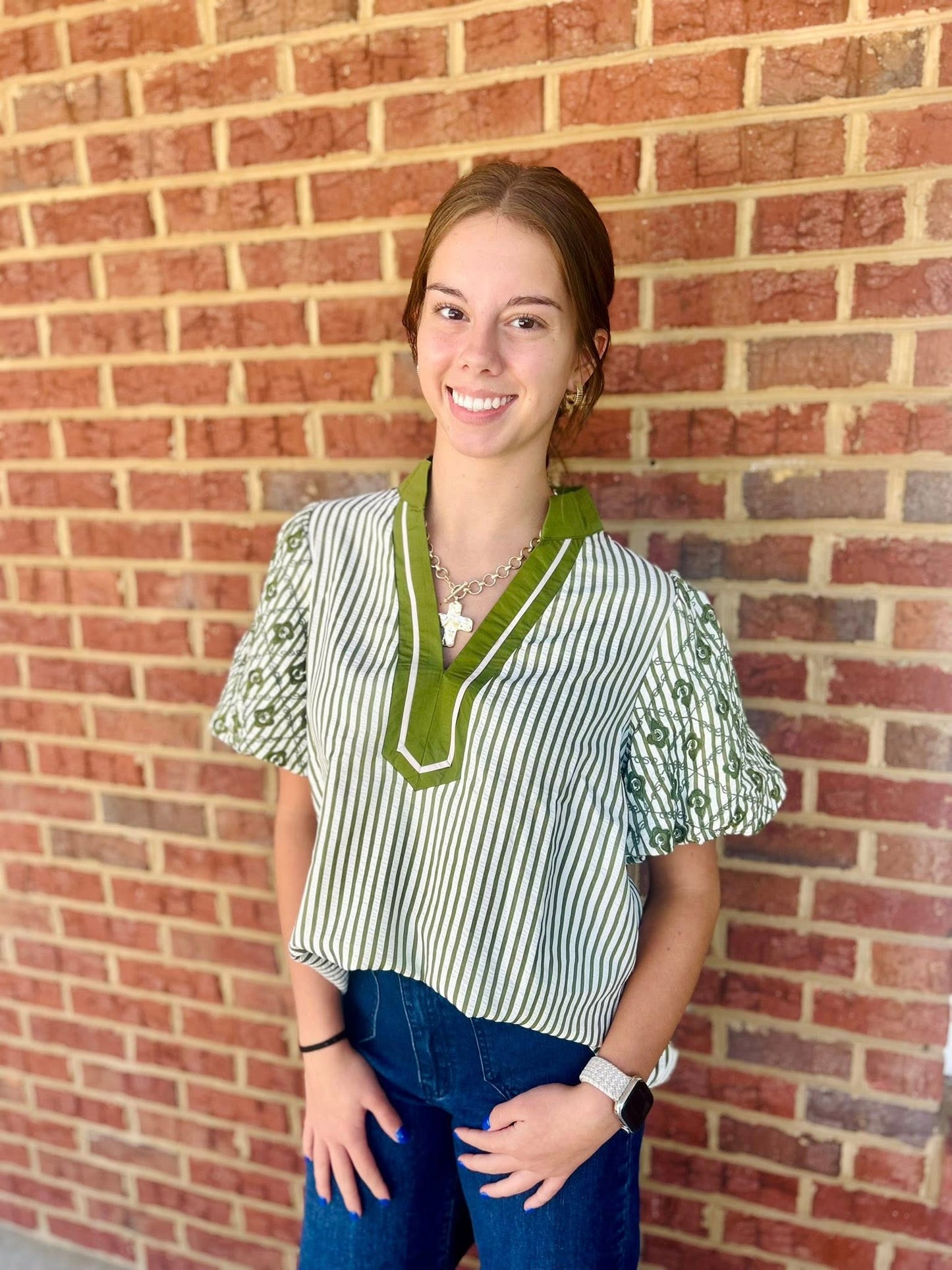 Entro Seersucker Top with Embroidery Puff Sleeve