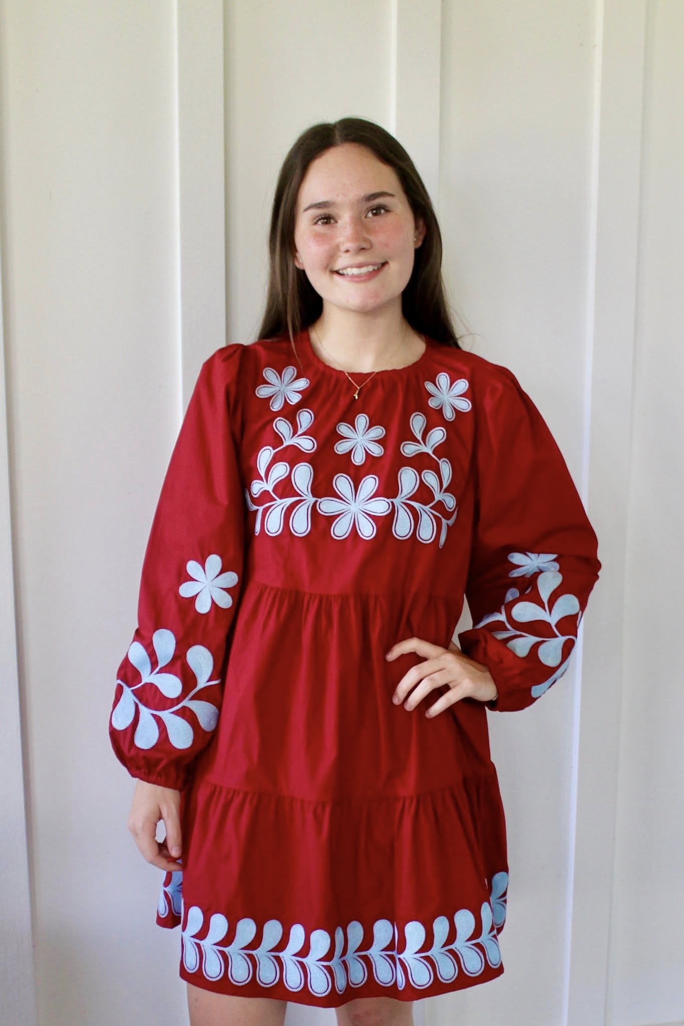 Jodifl Babydoll Dress with Blue Embroidery