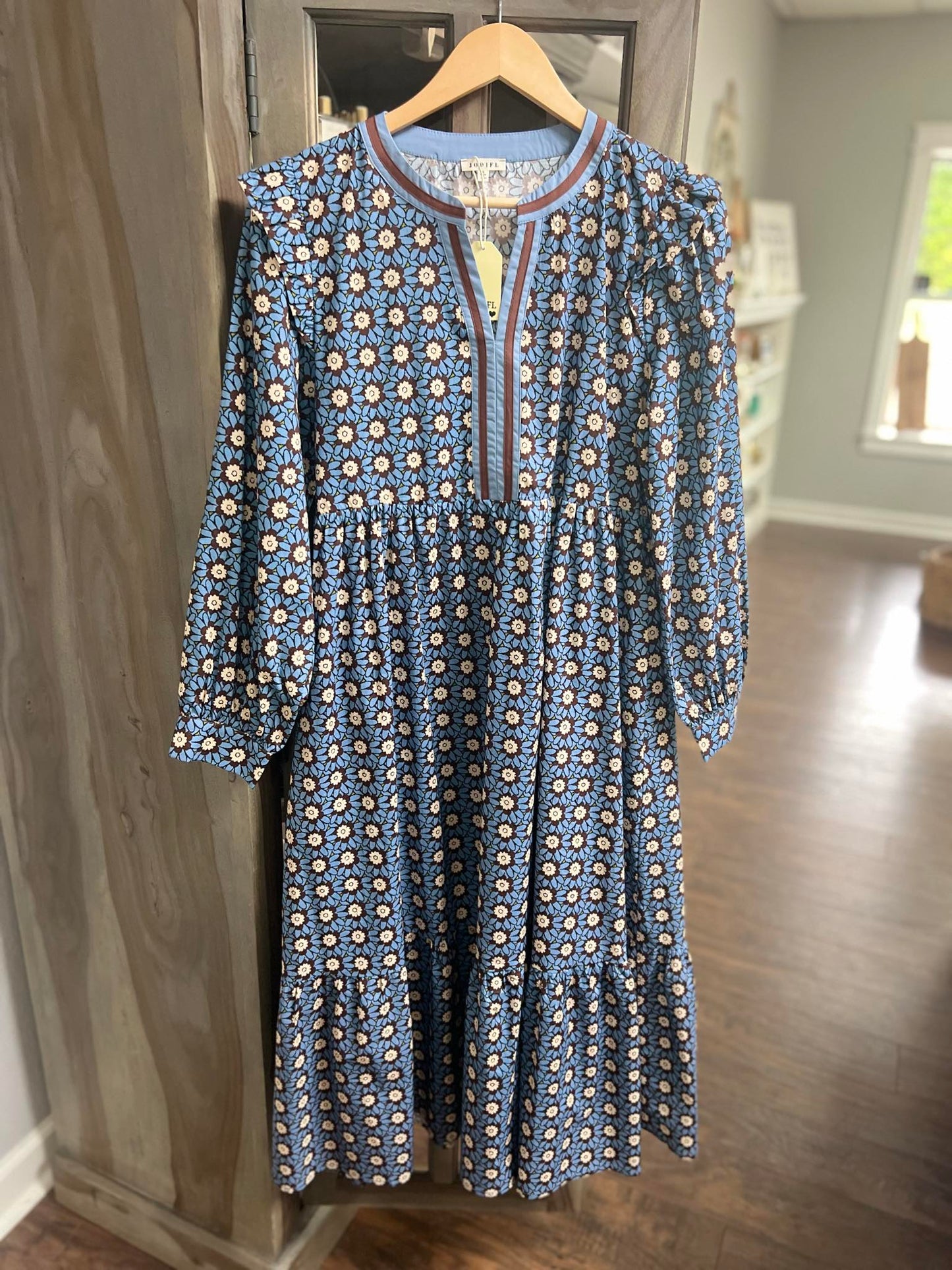 Jodifl LS Floral Midi Dress with Stripe Accents