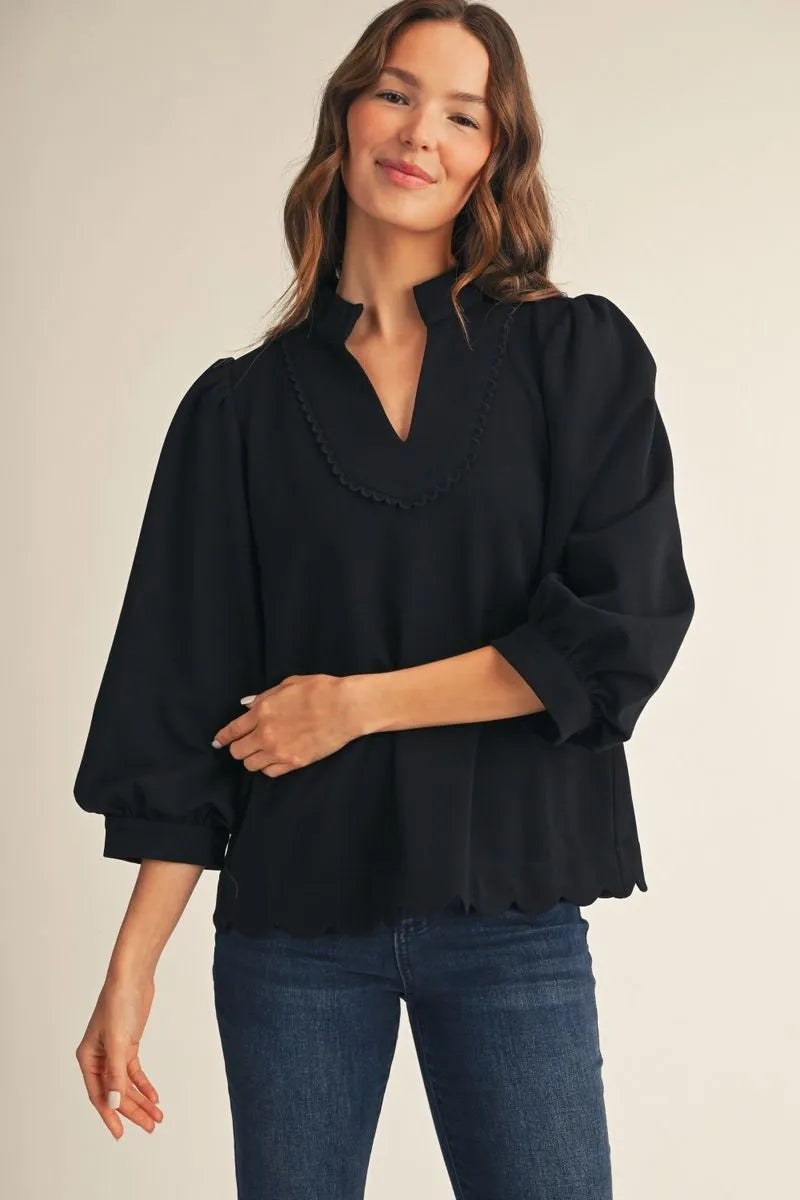 Jodifl 3/4 Puff Sleeve Scallop Hem Top