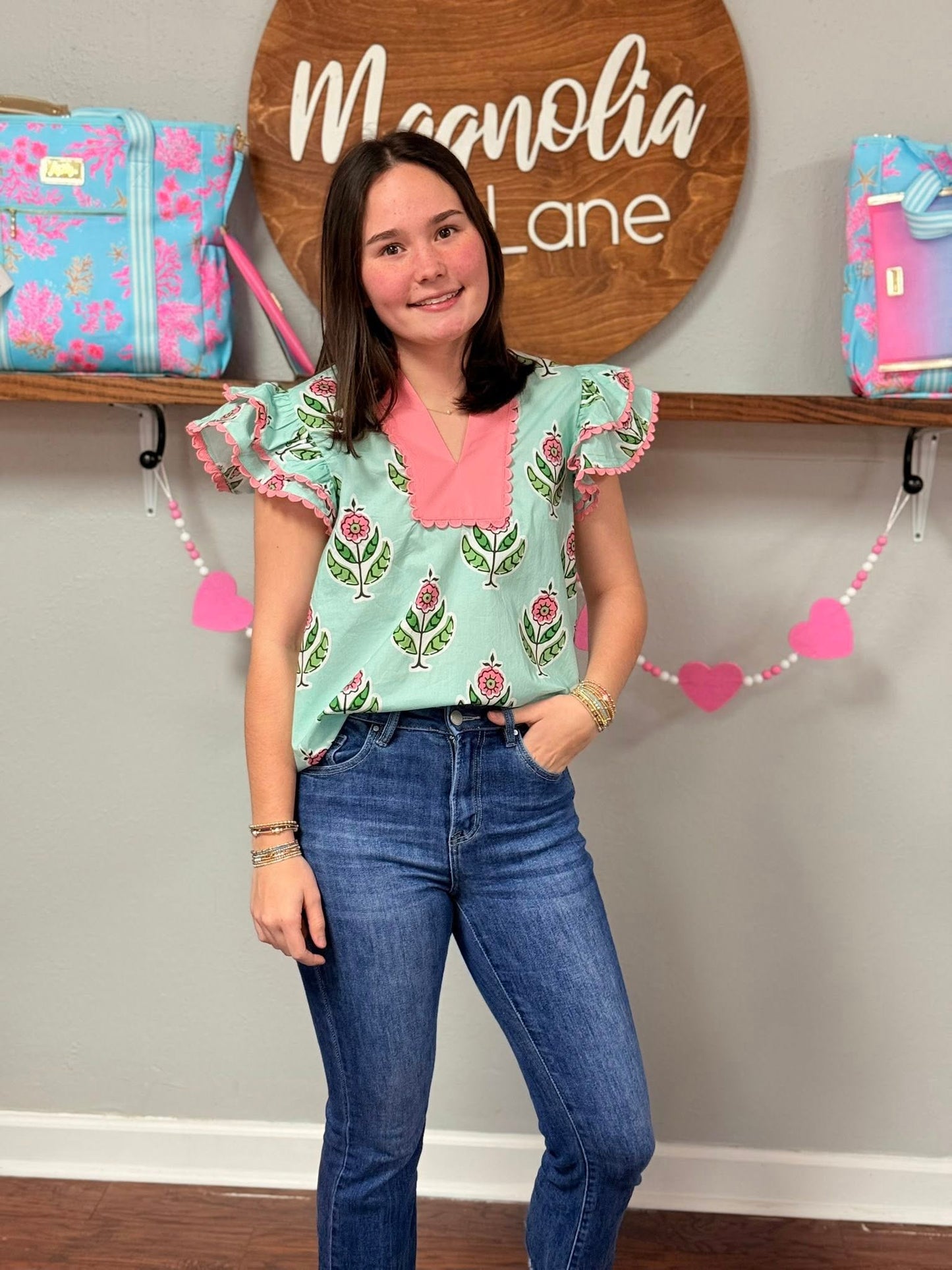 Jodifl Mint Floral Top with Pink Caftan