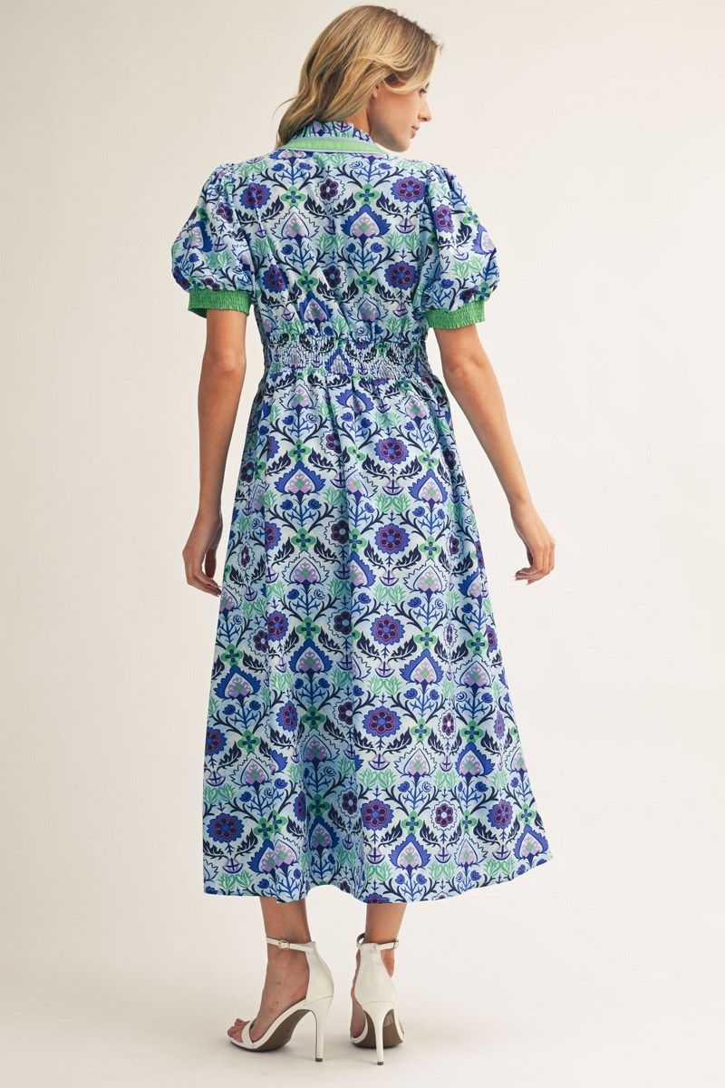 Jodifl Puff Sleeve Floral Midi with Green Trim
