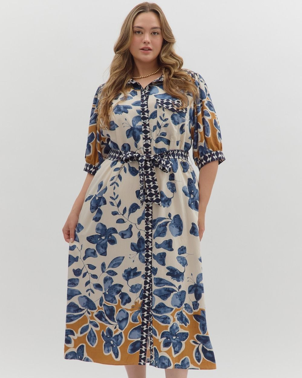 Entro Botanical Midi Shirt Dress with Belt