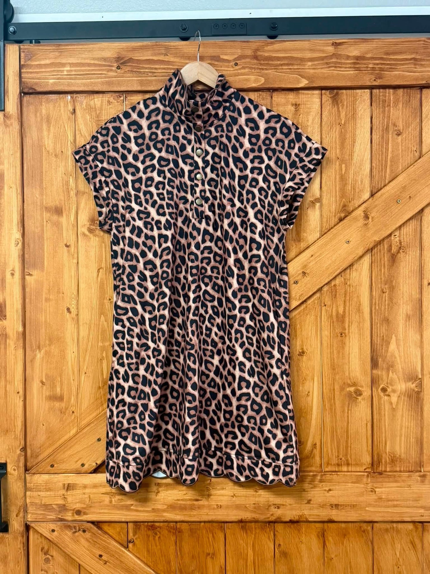 Buttoned Shift Leopard Dress with Pockets