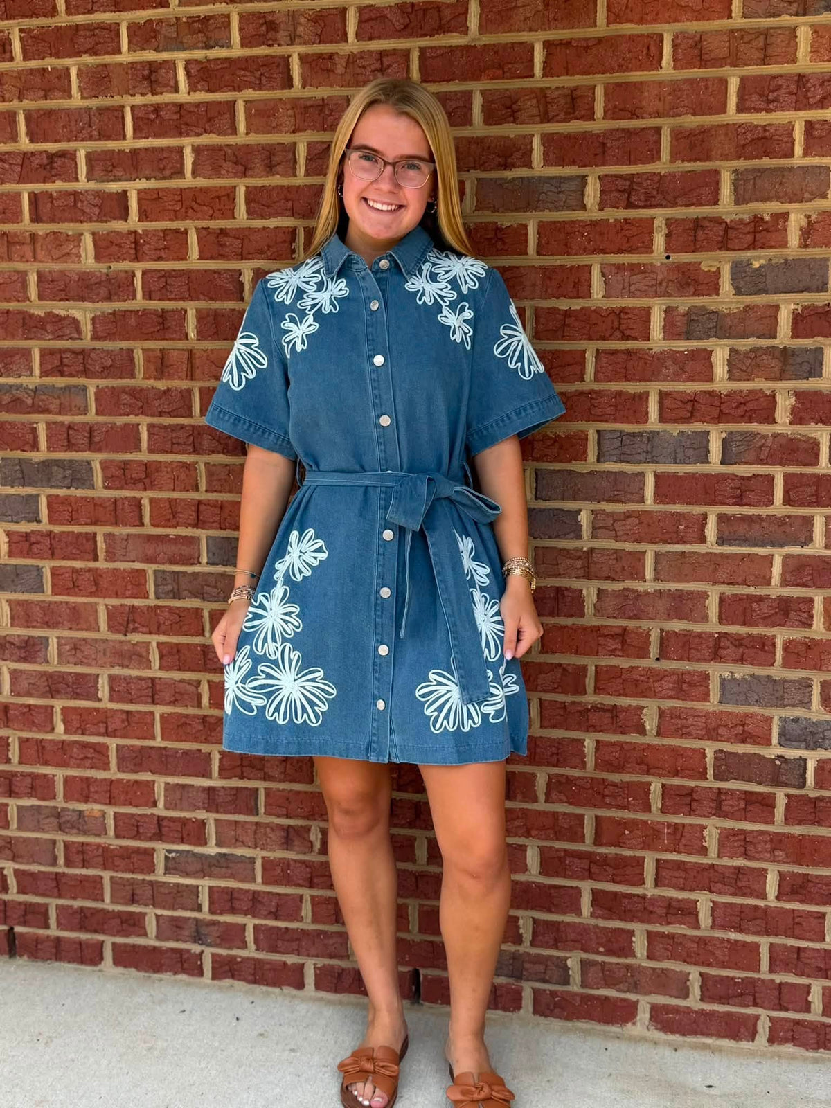 Entro Denim Dress with Belt and Embroidery