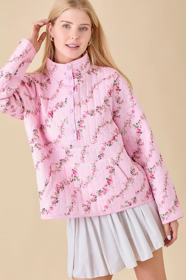 Main Strip Half Snap Button Quilted Jacket with Floral Print