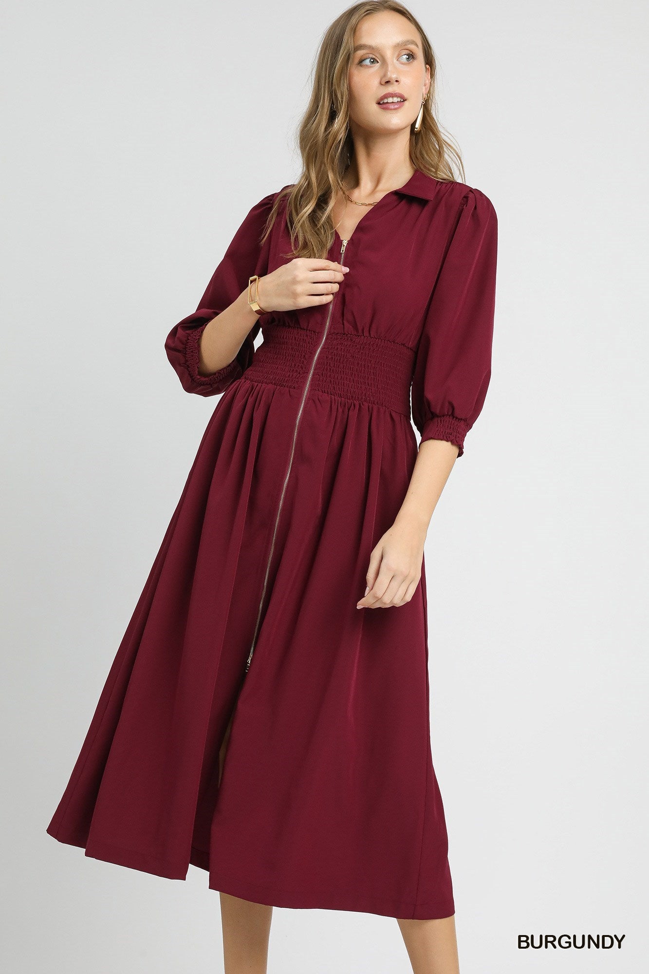 Umgee Smocked Waist Midi Dress with Front Zip
