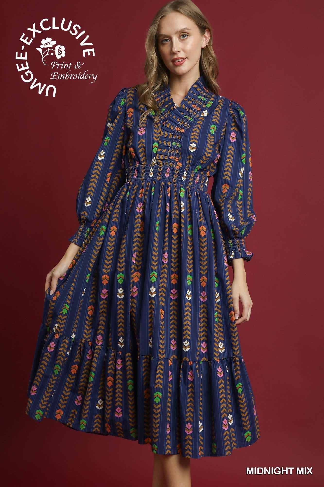 Umgee Striped Floral Ruffle Midi