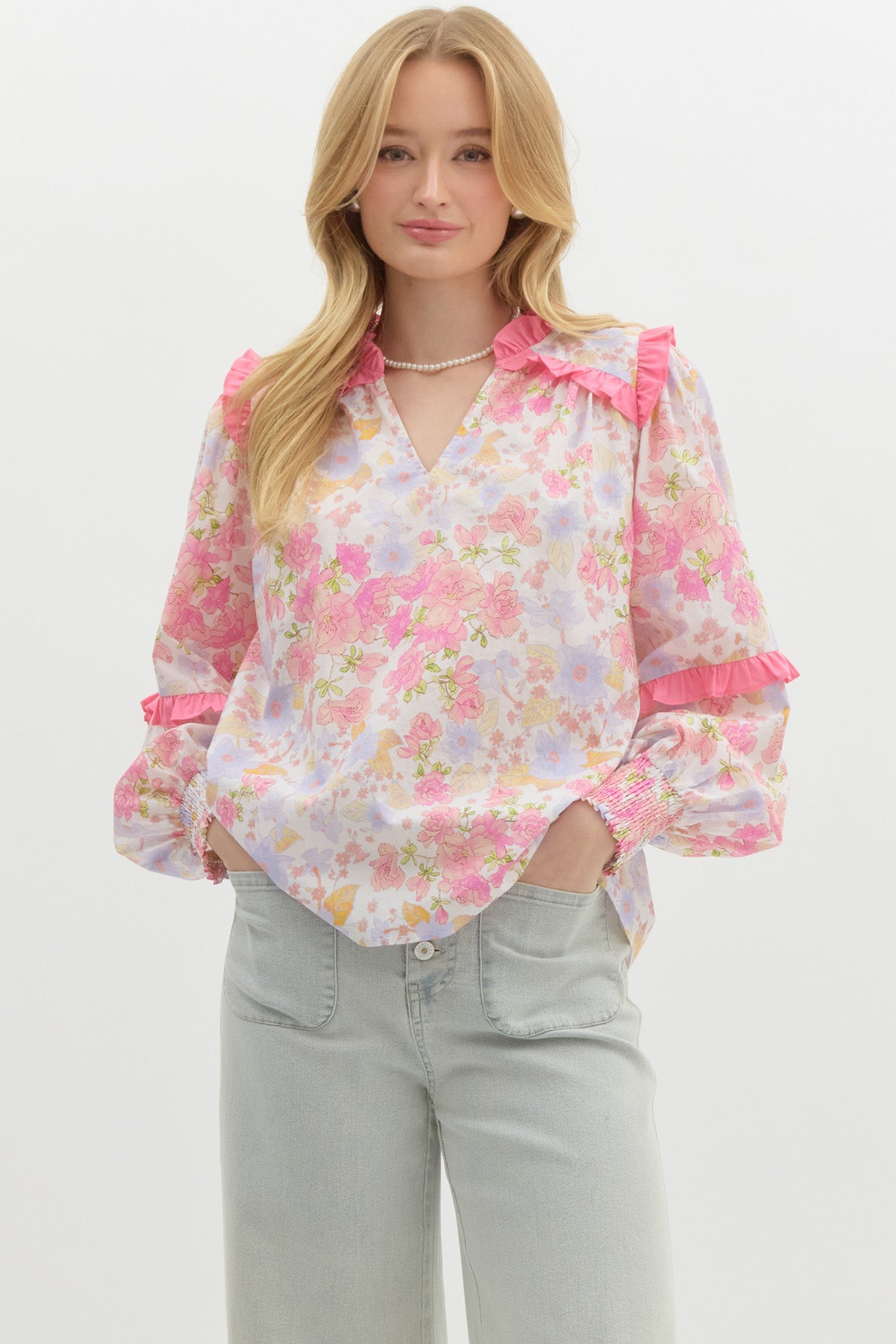 Entro Floral Printed Smock Cuff Ruffle Detail Top