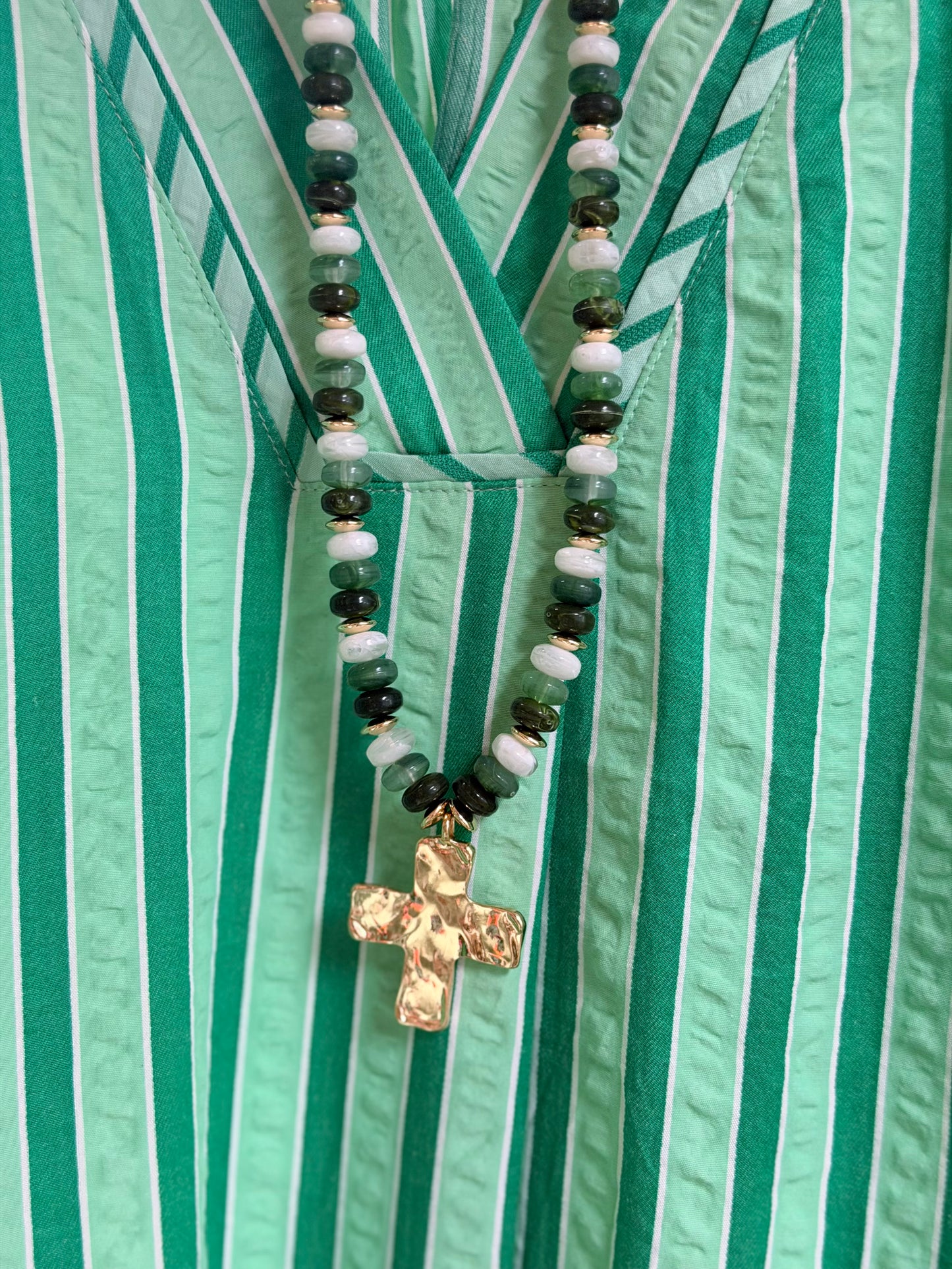 Green Beaded Necklace with Cross