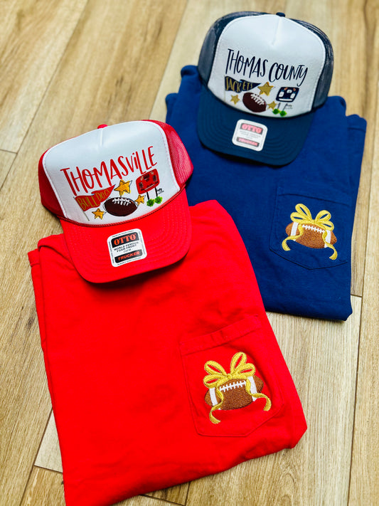 Comfort Color Pocket Embroidery Football Bow Tee