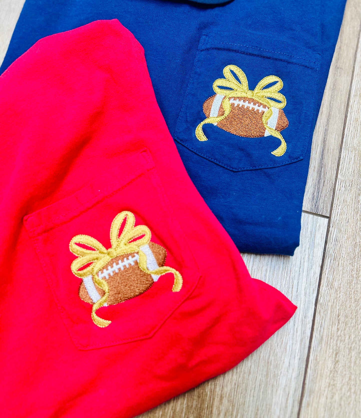 Comfort Color Pocket Embroidery Football Bow Tee