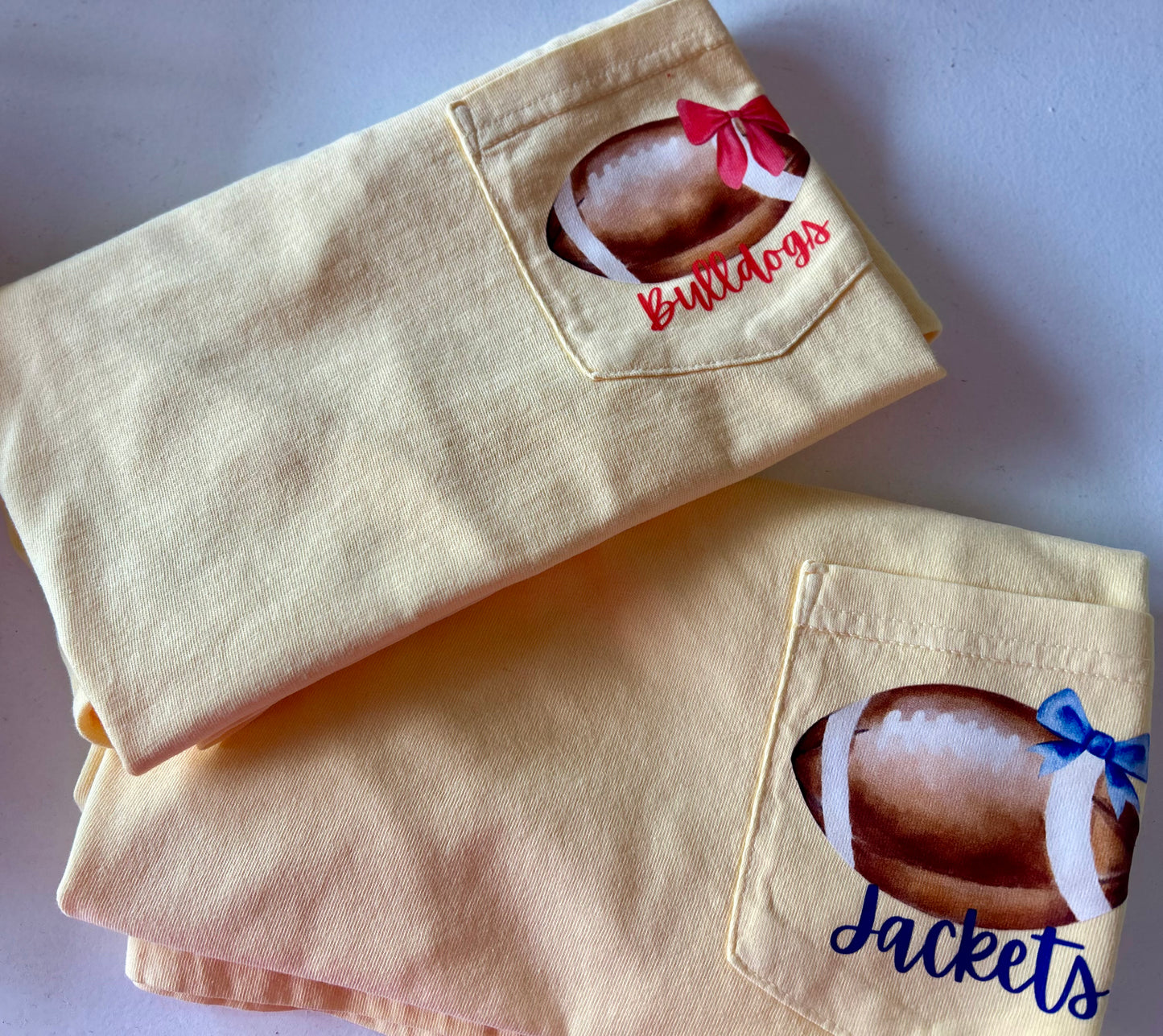 Comfort Color Yellow Pocket Tee with Bow Football