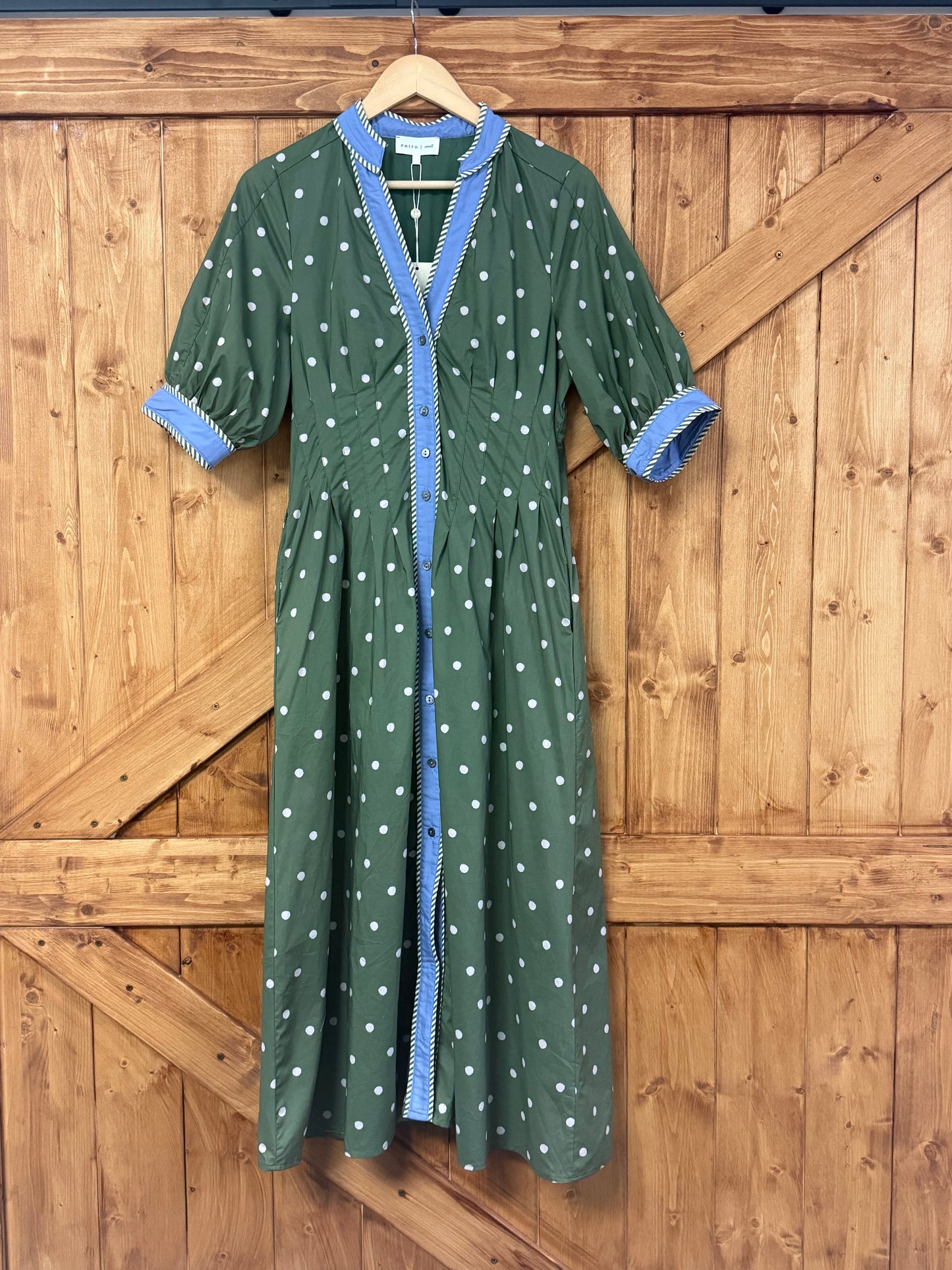 Entro Green Polka Dot Midi with Blue Trim