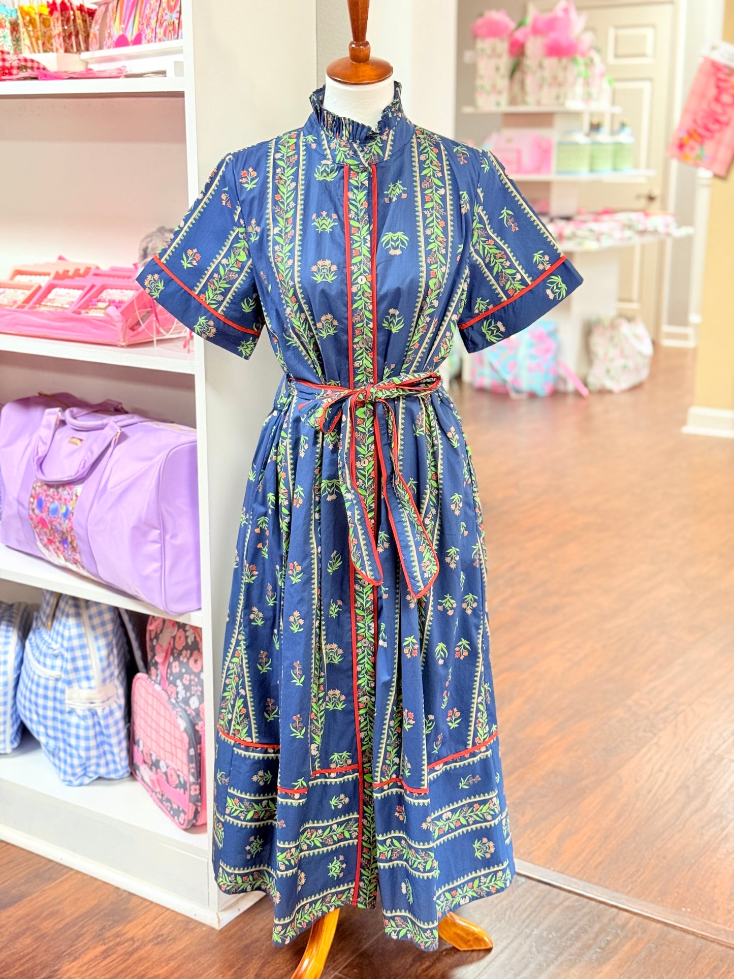 Entro Floral Short Sleeve Midi with Tie Waist