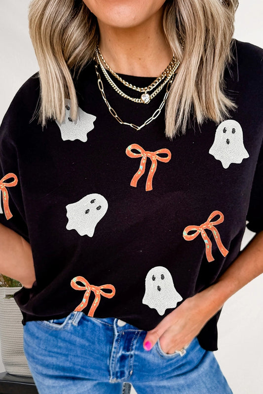 Aapparella Sequin Bow Ghost Patch Halloween T-Shirt