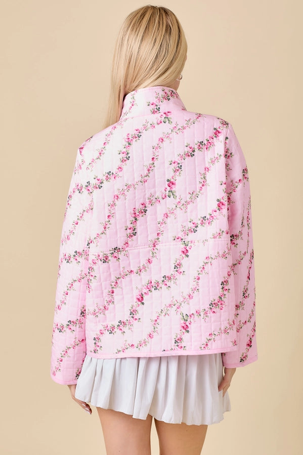 Main Strip Half Snap Button Quilted Jacket with Floral Print