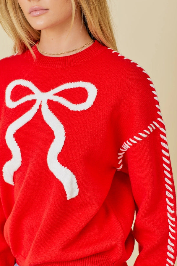 Main Strip Sweater Knit Top with Ribbon and Stitching Detail