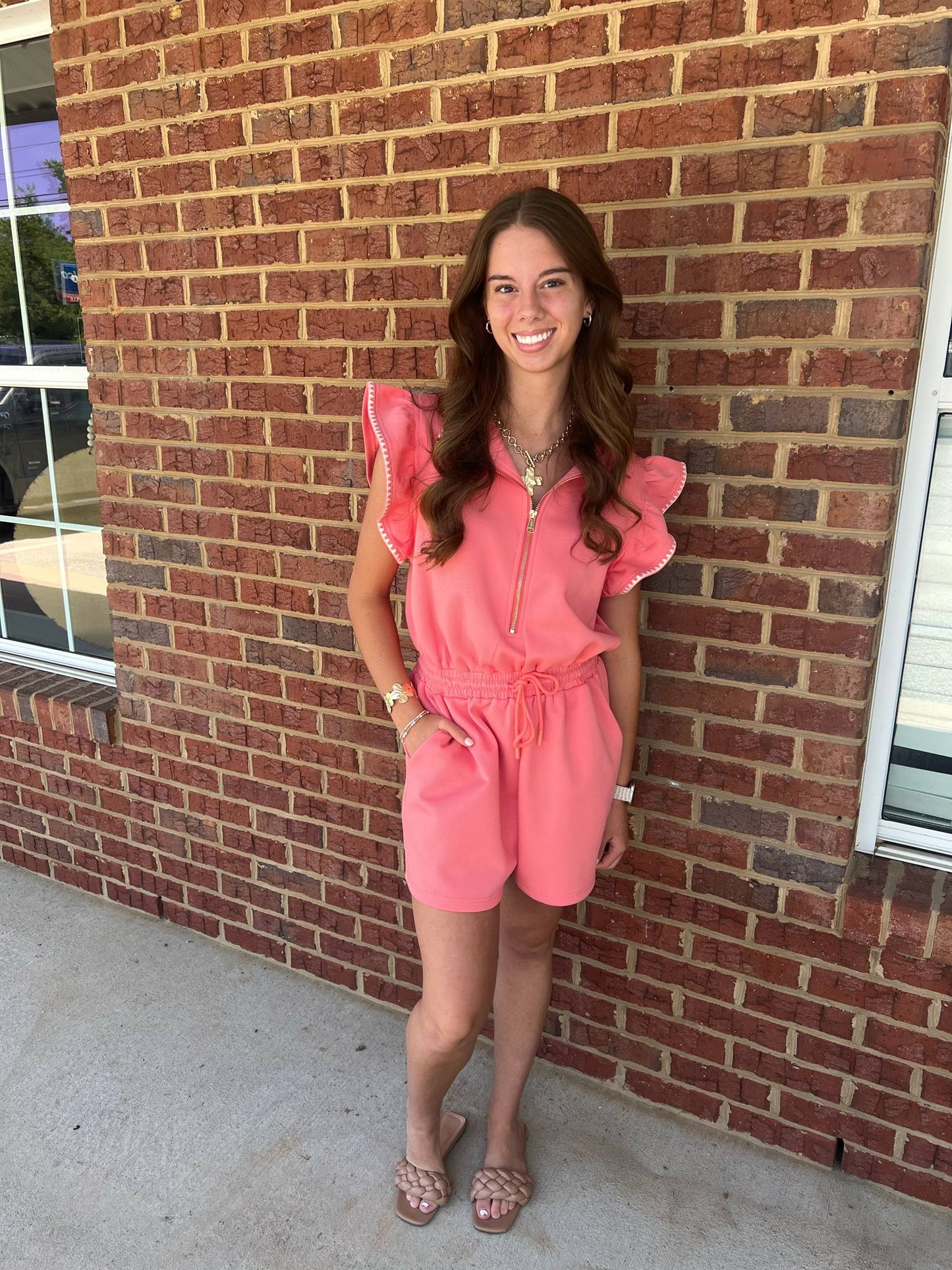 Umgee Detailed Ruffle Sleeve Zip-Up Romper