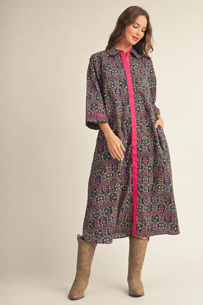 Jodifl 3/4 Button Down Floral Midi with Stripe