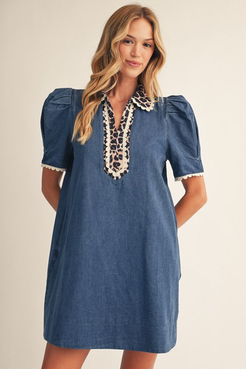 Jodifl Denim Dress with Leopard Contrast