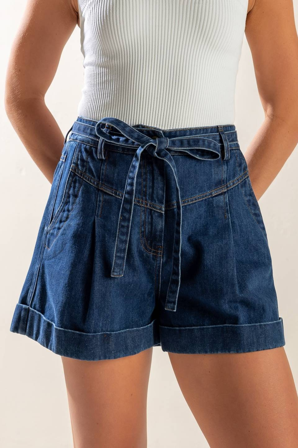 FT Washed Denim Shorts with Tie and Cuff Hem