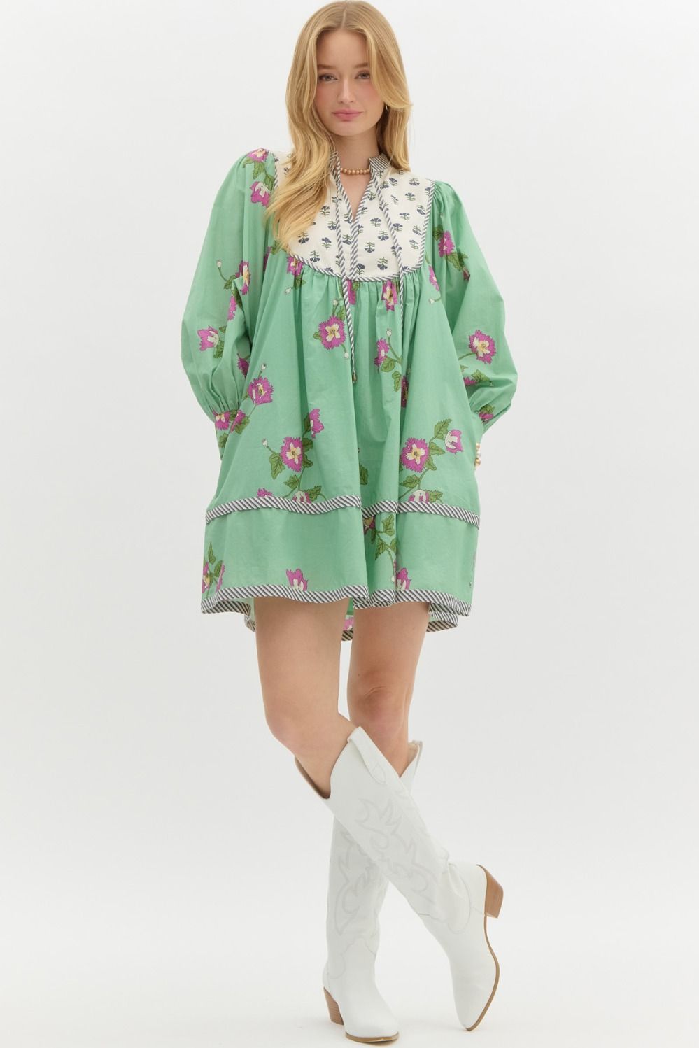 Entro Mixed Print Dress with Tie Closure
