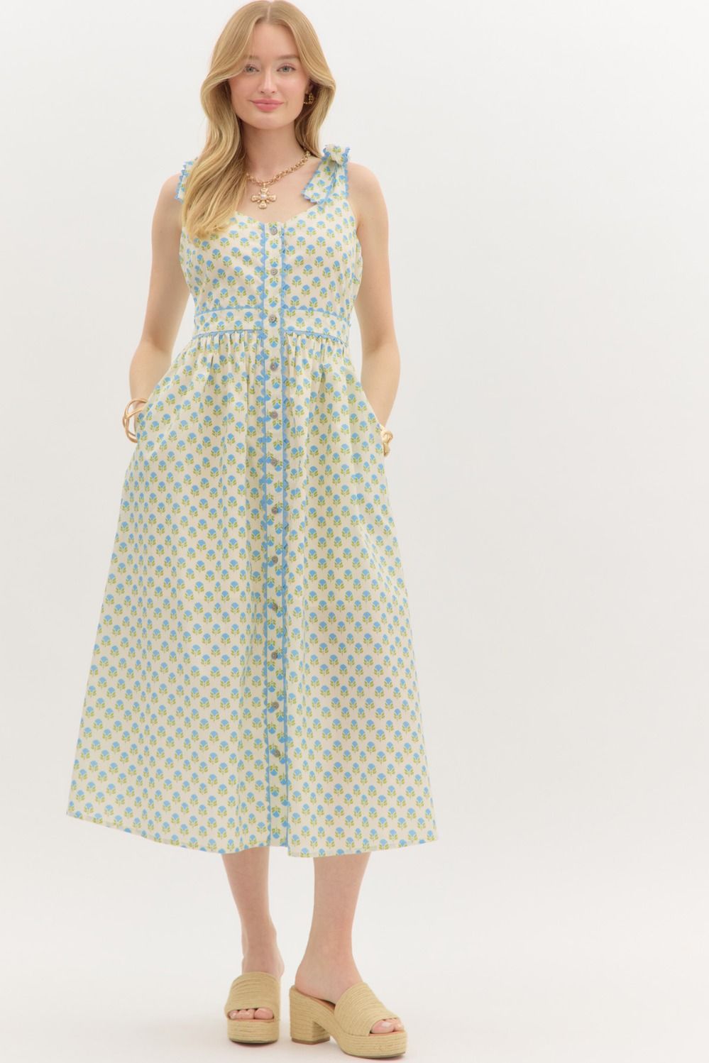 Entro Bow Strap Floral Scallop Midi