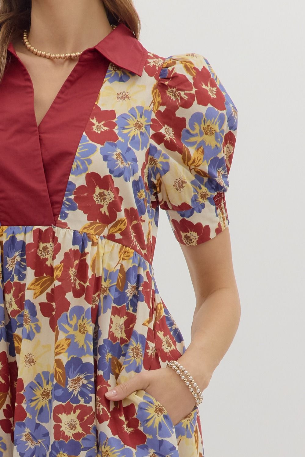 Entro Floral Print Midi with Bold Band Collar