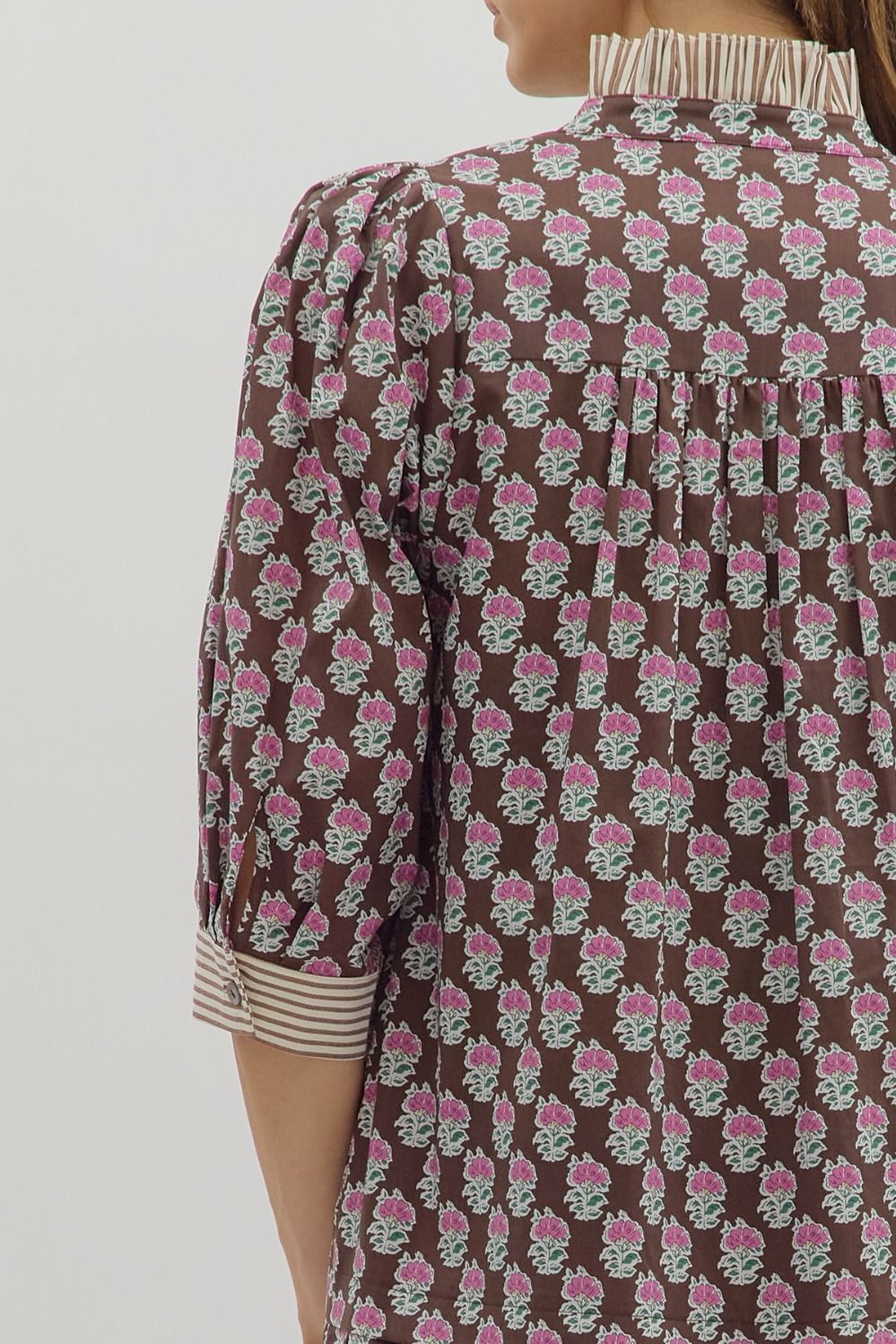 Entro Brown Floral Mini Dress w/Striped Ruffle Neck