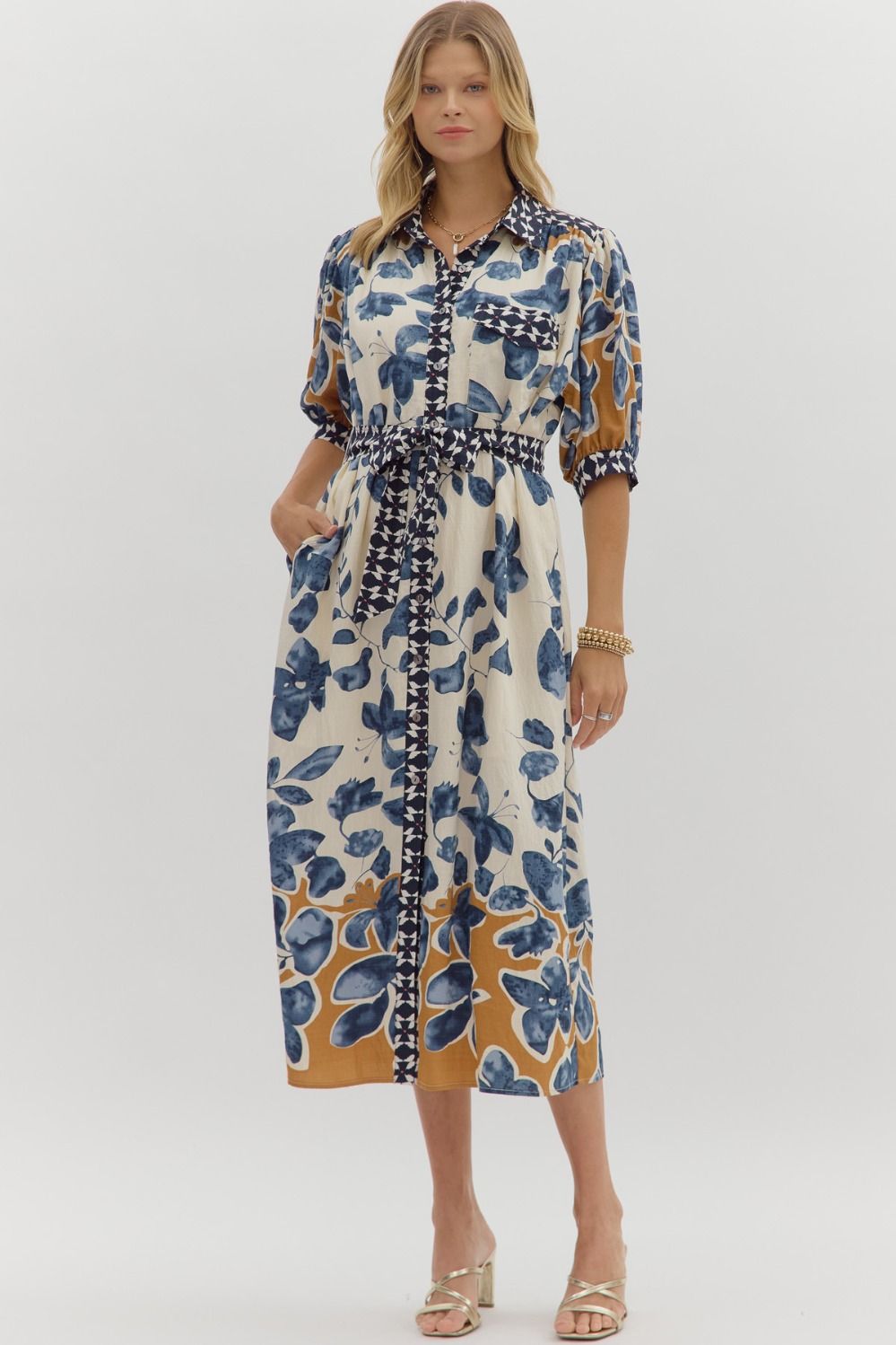 Entro Botanical Midi Shirt Dress with Belt