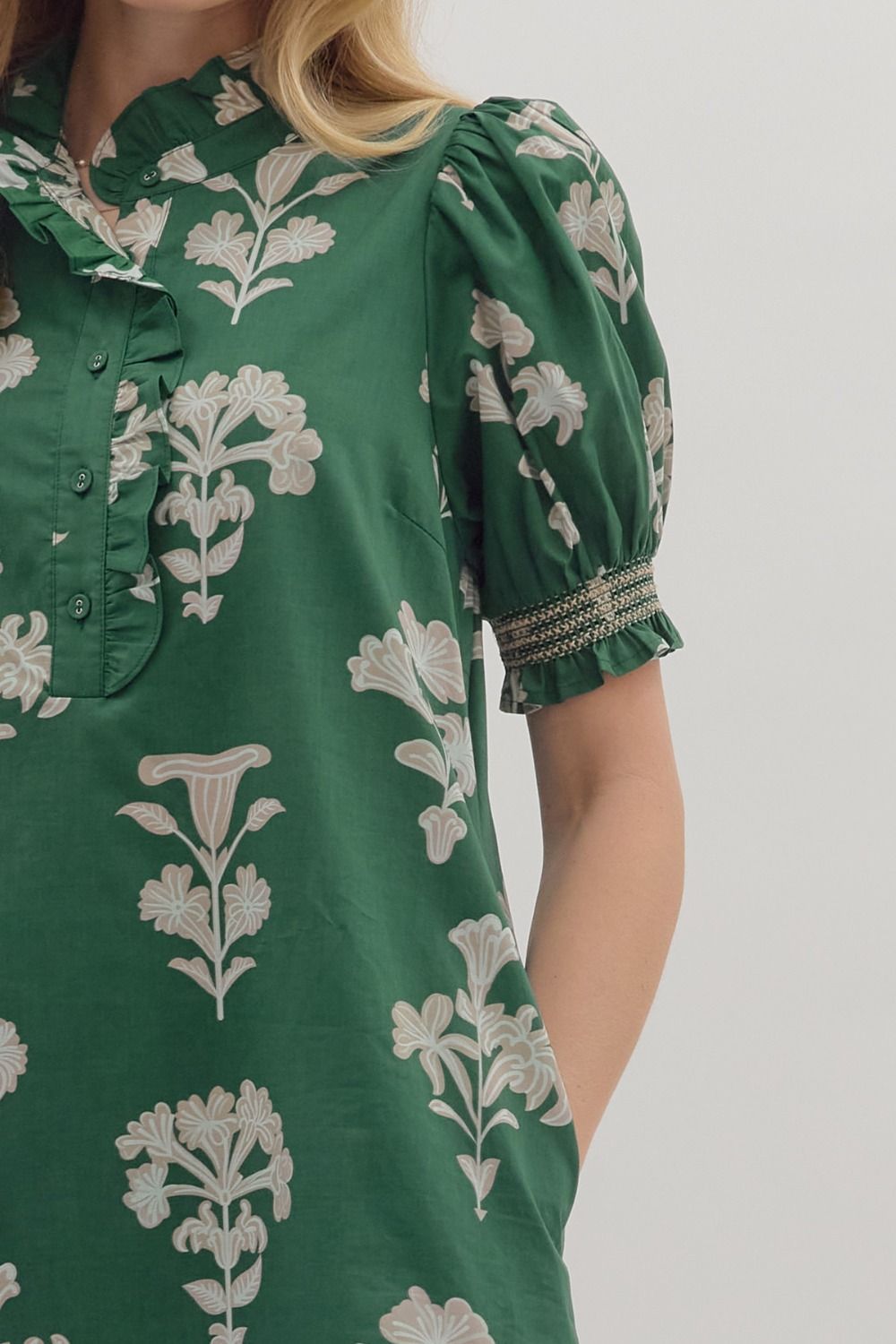 Entro Hunter Green Botanical Puff Sleeve Midi