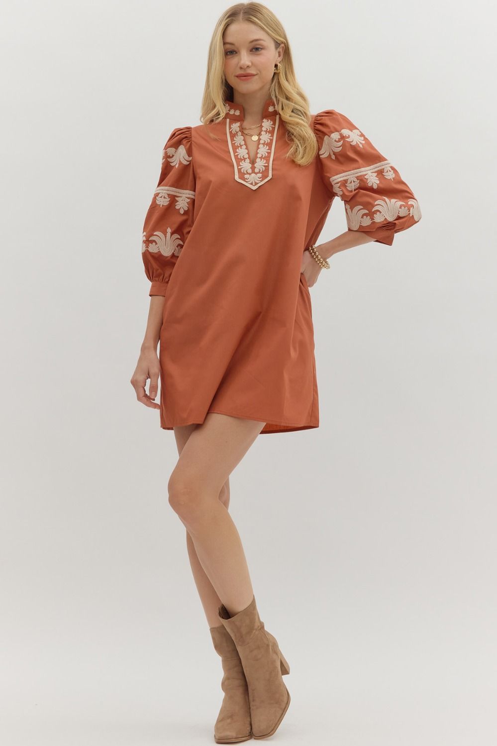 Entro Puff 3/4 Sleeve Dress with Embroidery Details