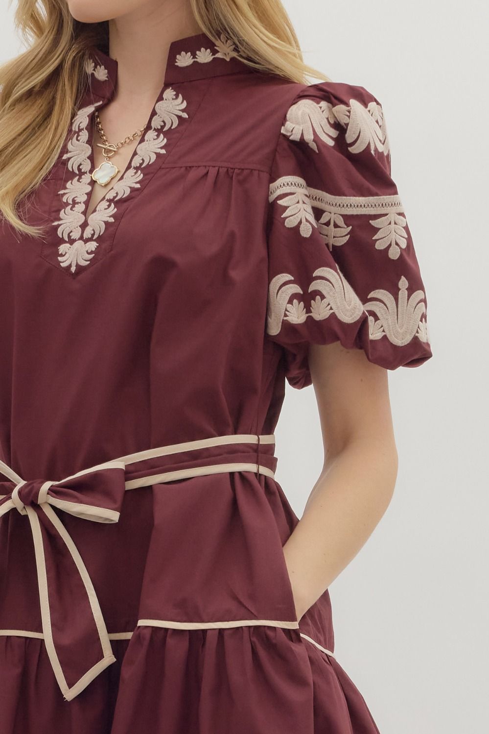 Entro Solid Belt Dress with Embroidery