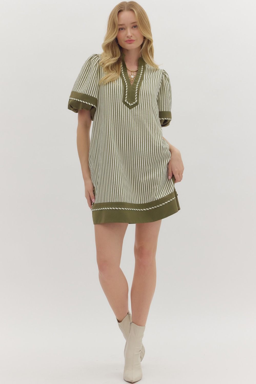 Entro Seersucker Lantern Sleeve Mini Dress